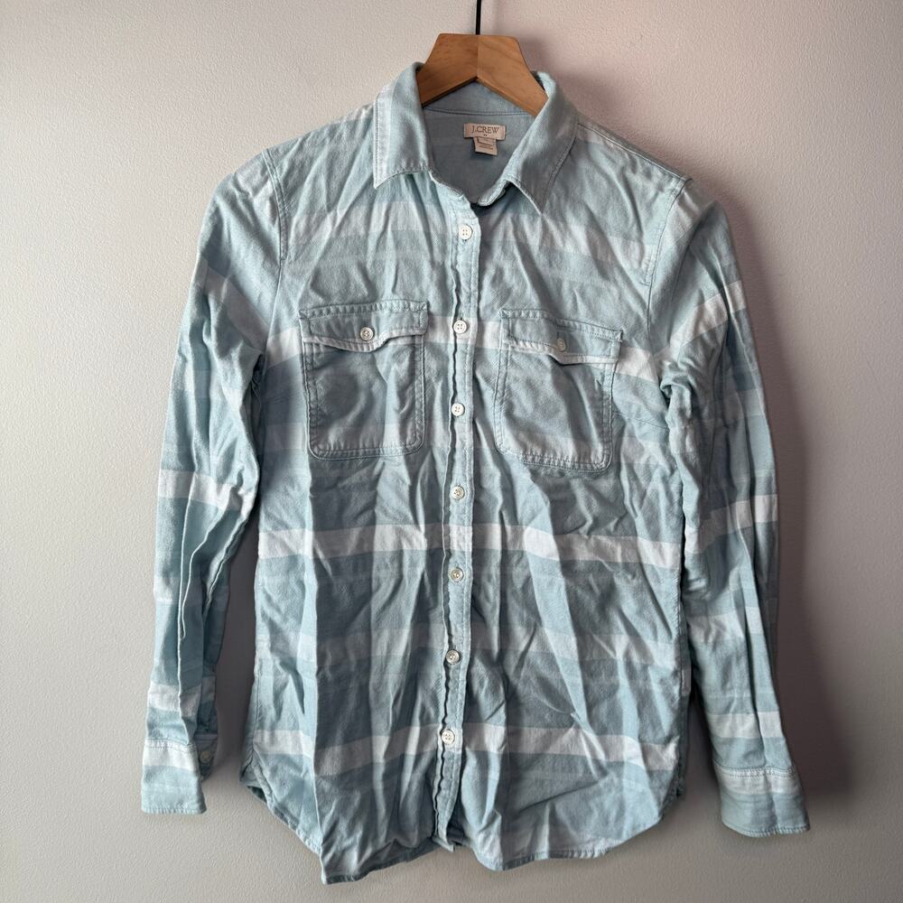 J. Crew Women's Cotton Button Striped Flannel Shirt Light Blue Size X-Small